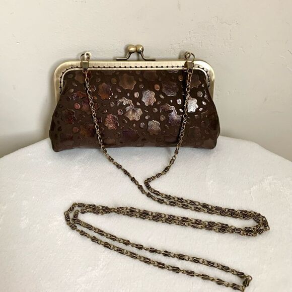 Handmade Vintage style Genuine Embossed Leather Kisslock Mini Clutch/Crossbody - Picture 1 of 15